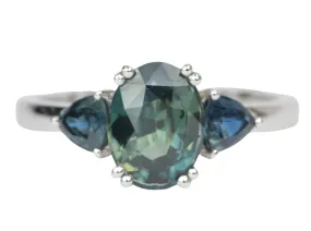 2.85 carat teal sapphire 3-stone white gold engagement ring