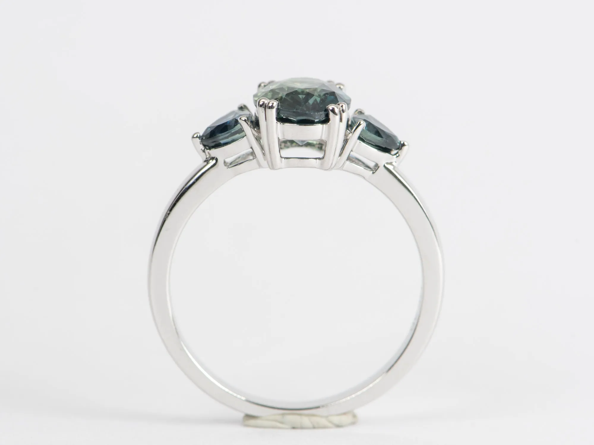 2.85 carat teal sapphire 3-stone white gold engagement ring