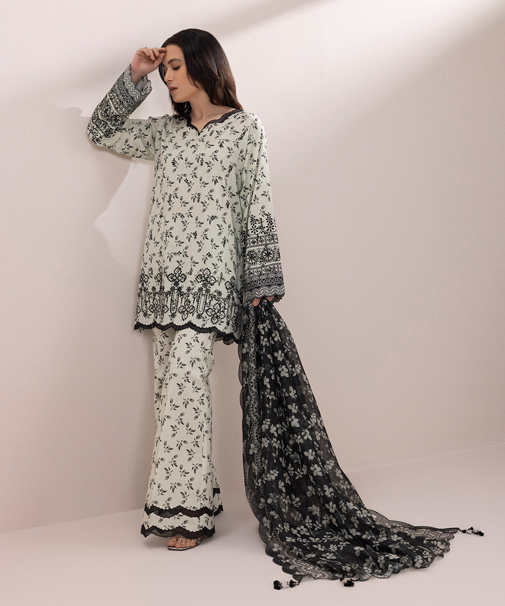 3 Piece Cotton Satin Suit with Exquisite Embroidery