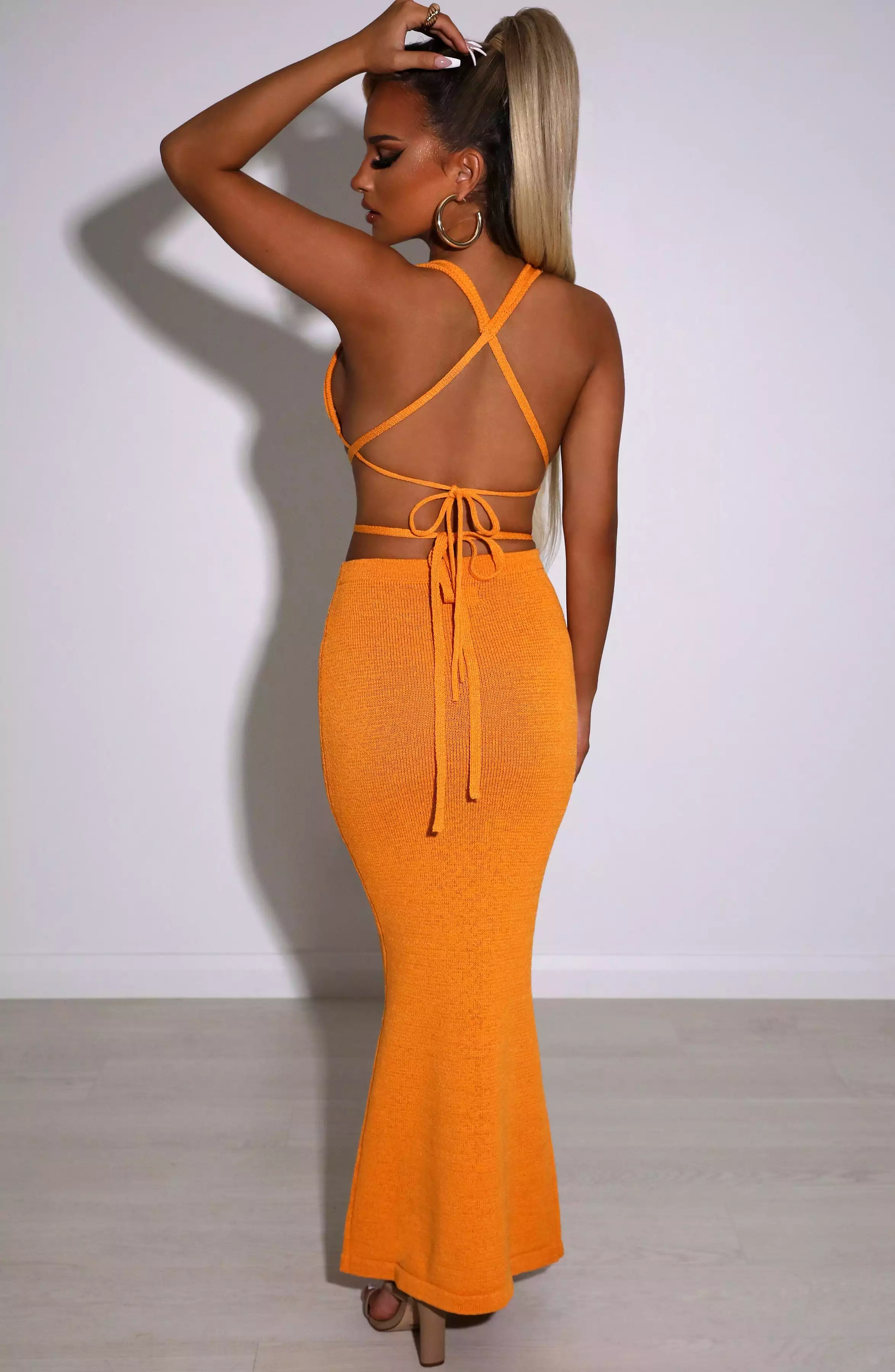 Alexa Maxi Skirt, bright tangerine color.