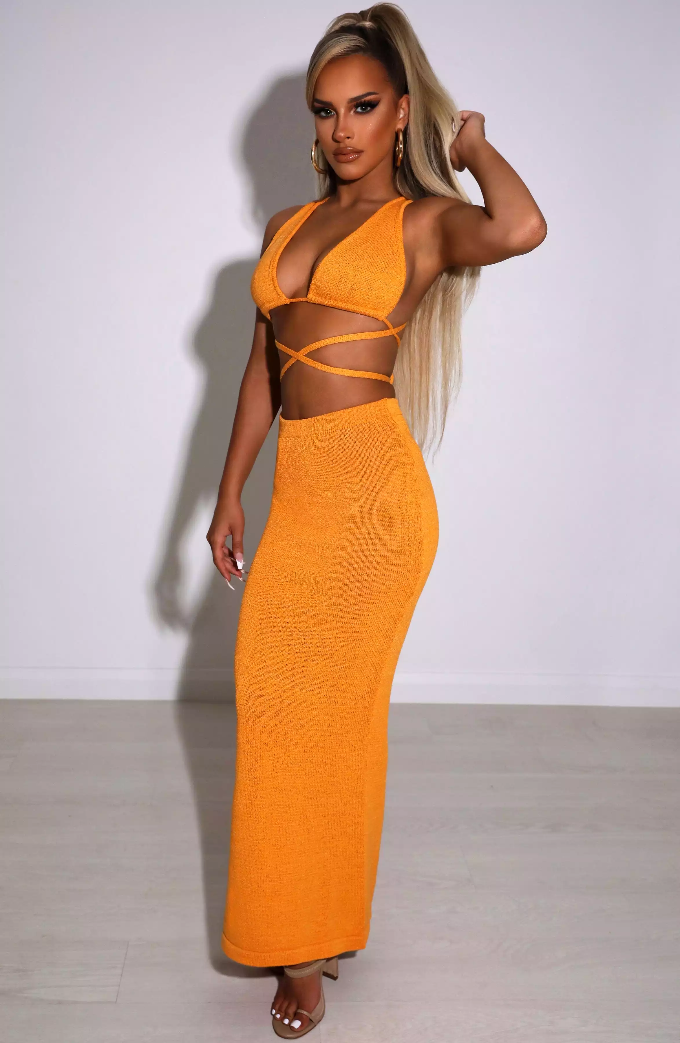 Alexa Maxi Skirt, bright tangerine color.