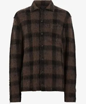 Allsaints Brown/Black Ash regular-fit checked wool-blend jacket