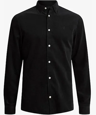 Allsaints Men's Jet Black Birchwood Ramskull Embroidered Slim Fit Organic Cotton Shirt