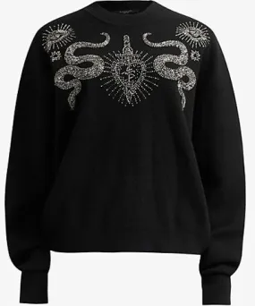 Allsaints Womens Black Serpent Rhinestone-Embellishment Cotton-Jersey Sweatshirt