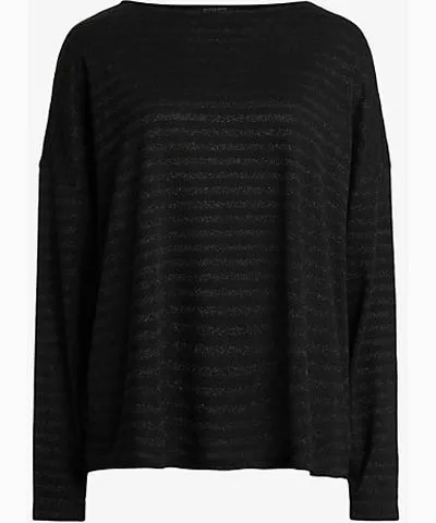 Allsaints Womens Black Shimmer Rita Oversized Striped Cotton-Blend T-Shirt