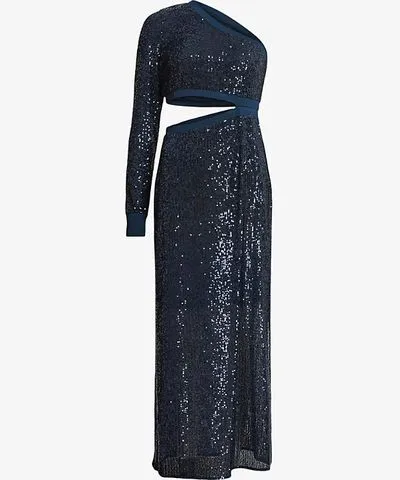 Allsaints Womens Midnight Blue Daisy Topaz Sequin-Emblished One-Shoulder Woven Maxi Dress