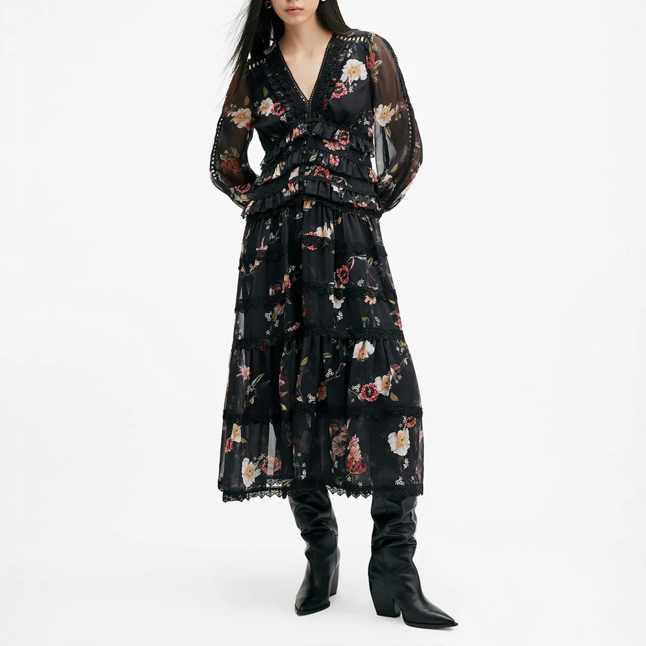 Black ALLSAINTS Zora Floral Tiered Dress