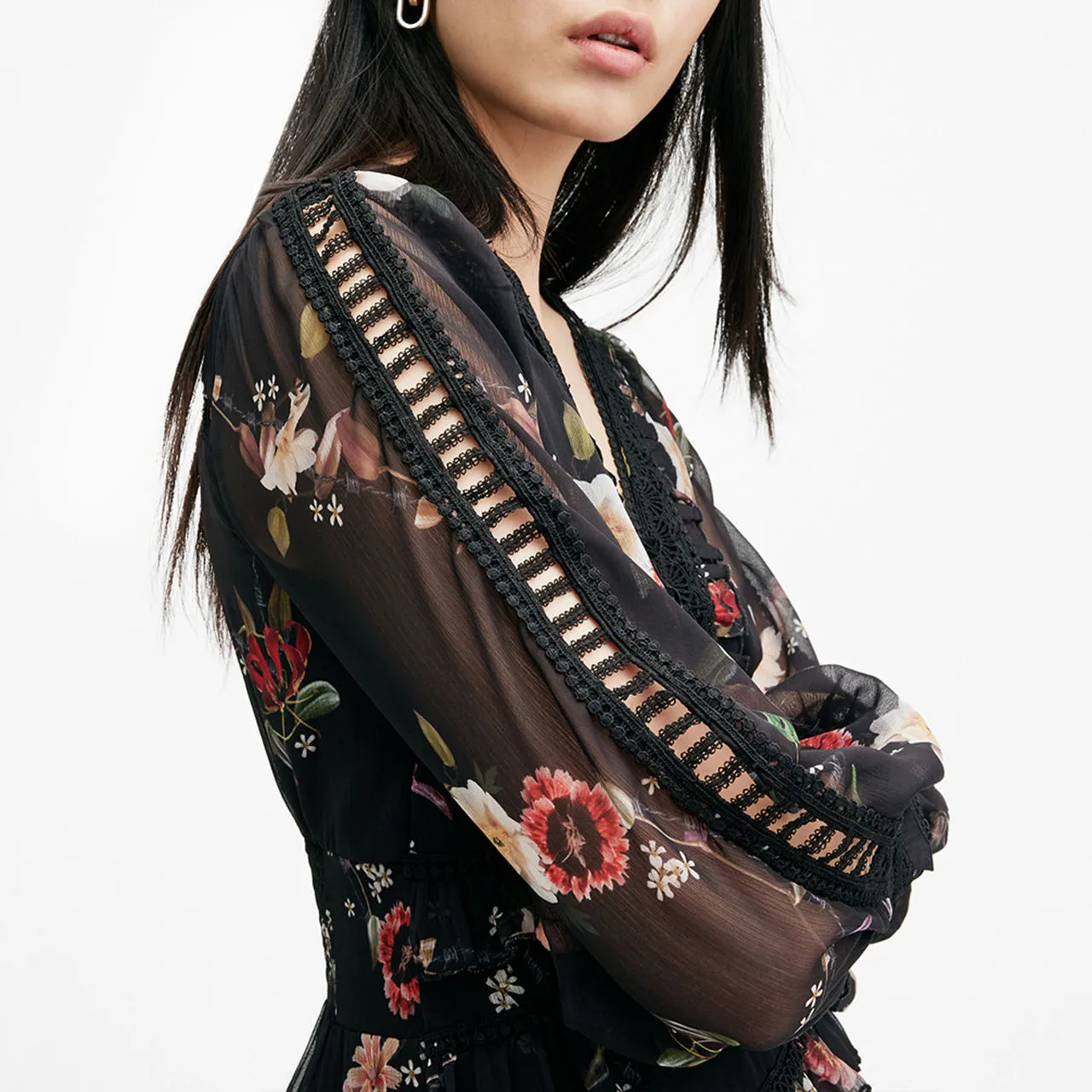 Black ALLSAINTS Zora Floral Tiered Dress