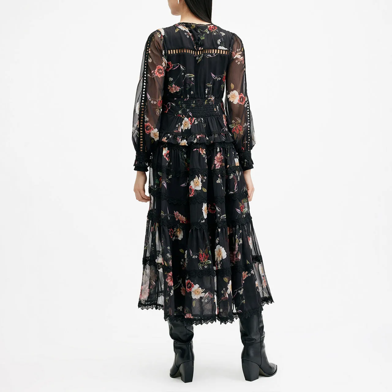 Black ALLSAINTS Zora Floral Tiered Dress