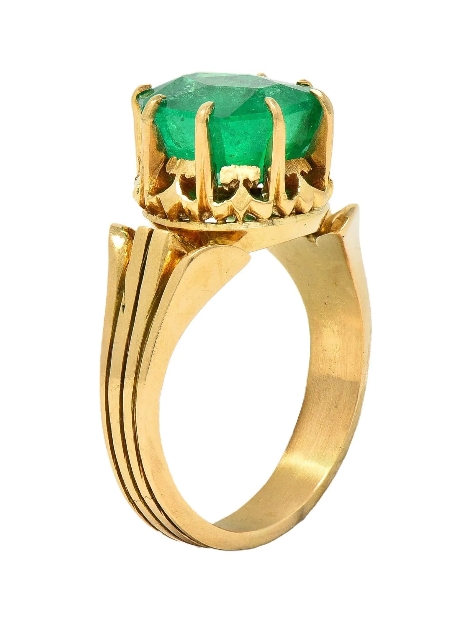 Antique Victorian 14KT Yellow Gold Crown Solitaire Ring GIA Certified - 3.60 CTW Colombian Emerald