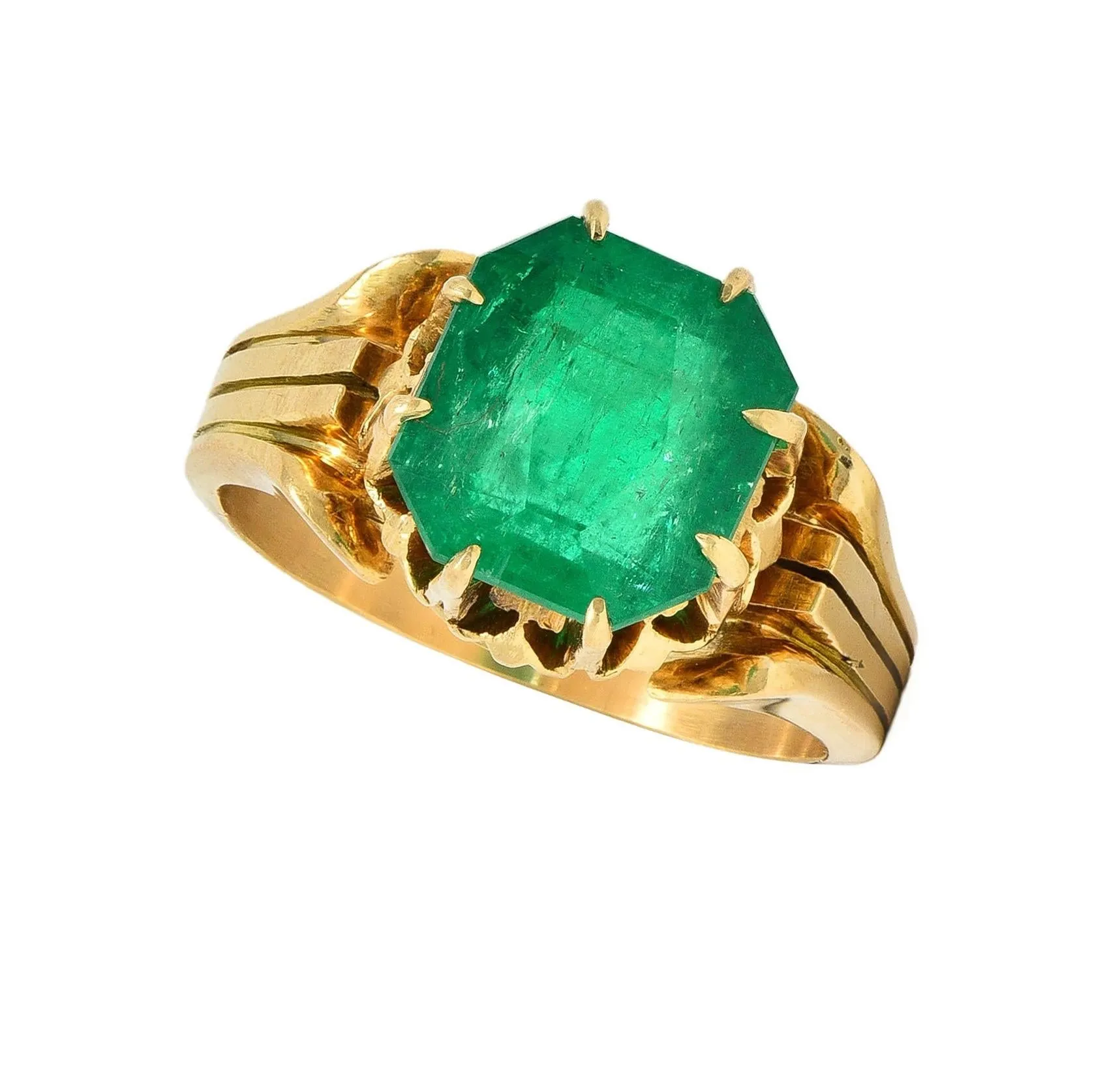 Antique Victorian 14KT Yellow Gold Crown Solitaire Ring GIA Certified - 3.60 CTW Colombian Emerald