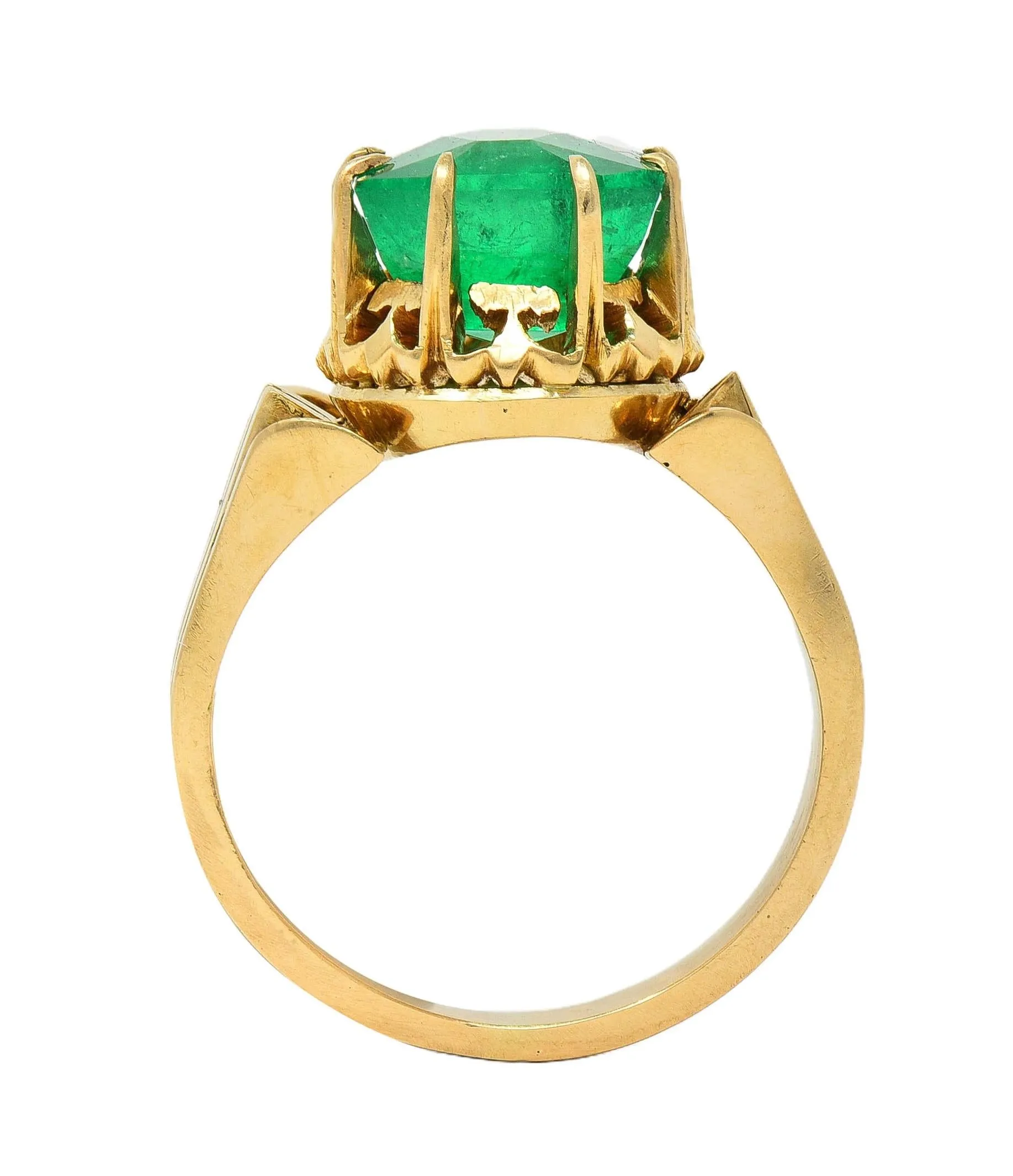 Antique Victorian 14KT Yellow Gold Crown Solitaire Ring GIA Certified - 3.60 CTW Colombian Emerald