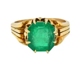 Antique Victorian 14KT Yellow Gold Crown Solitaire Ring GIA Certified - 3.60 CTW Colombian Emerald