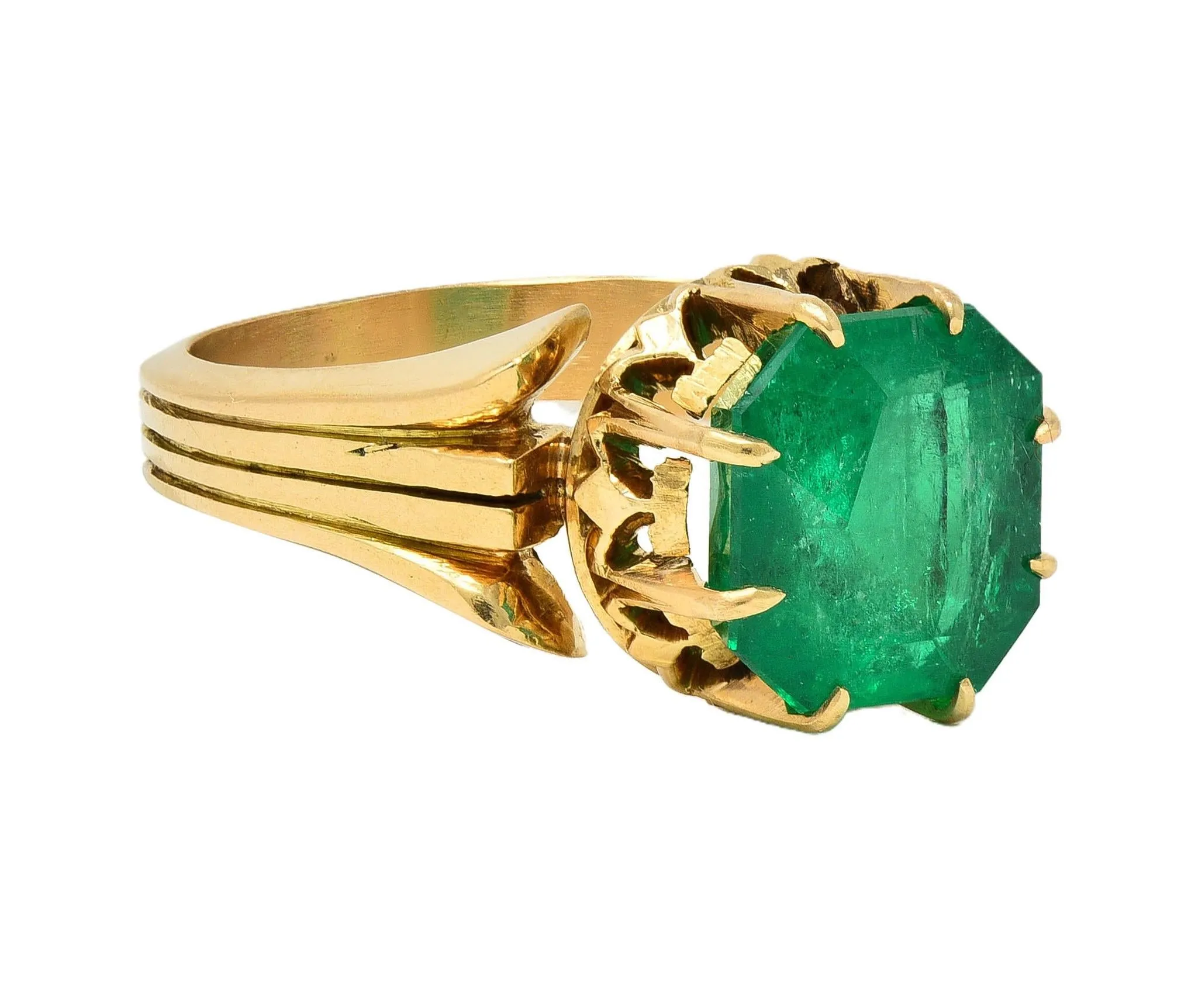 Antique Victorian 14KT Yellow Gold Crown Solitaire Ring GIA Certified - 3.60 CTW Colombian Emerald