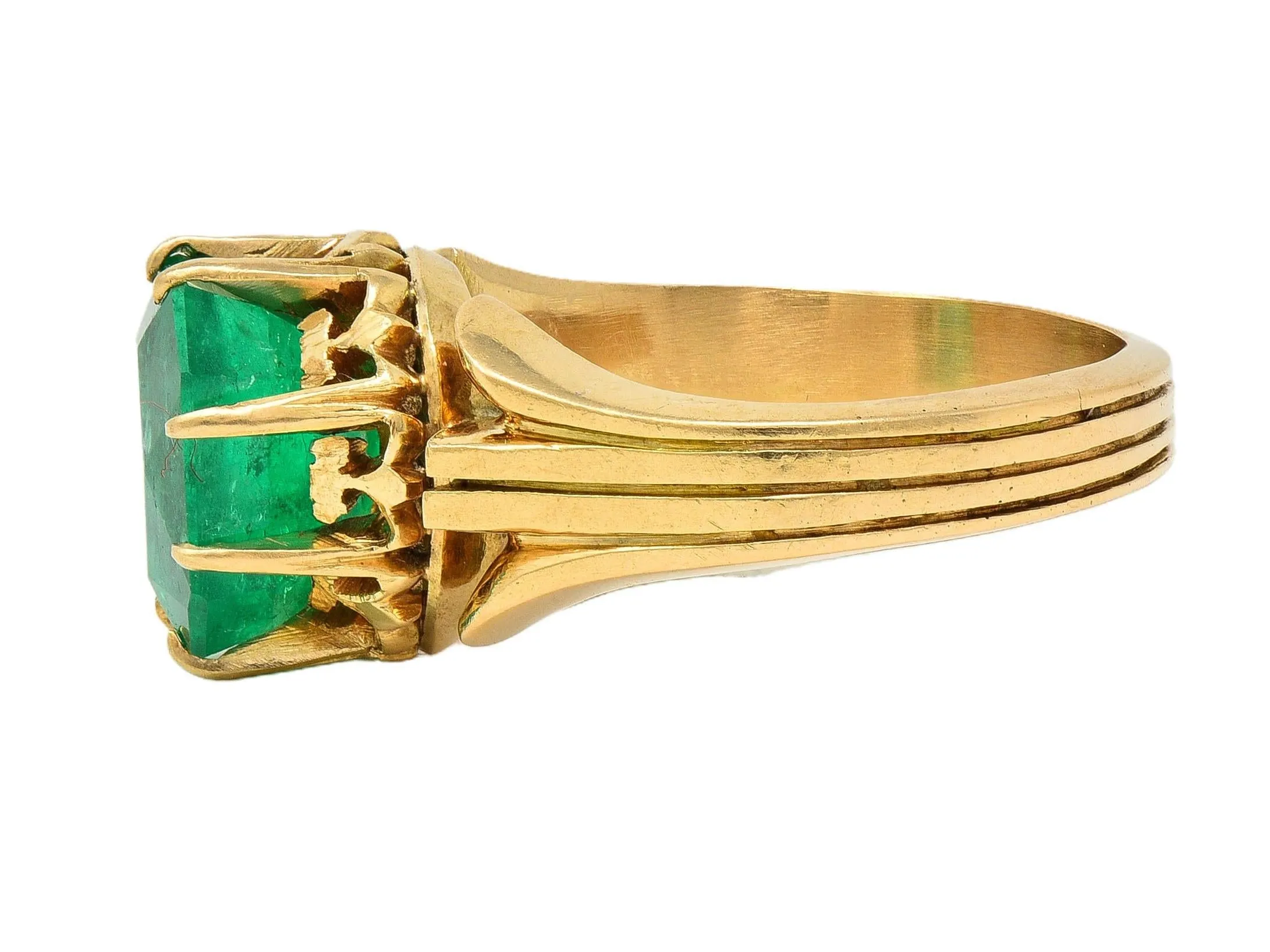 Antique Victorian 14KT Yellow Gold Crown Solitaire Ring GIA Certified - 3.60 CTW Colombian Emerald