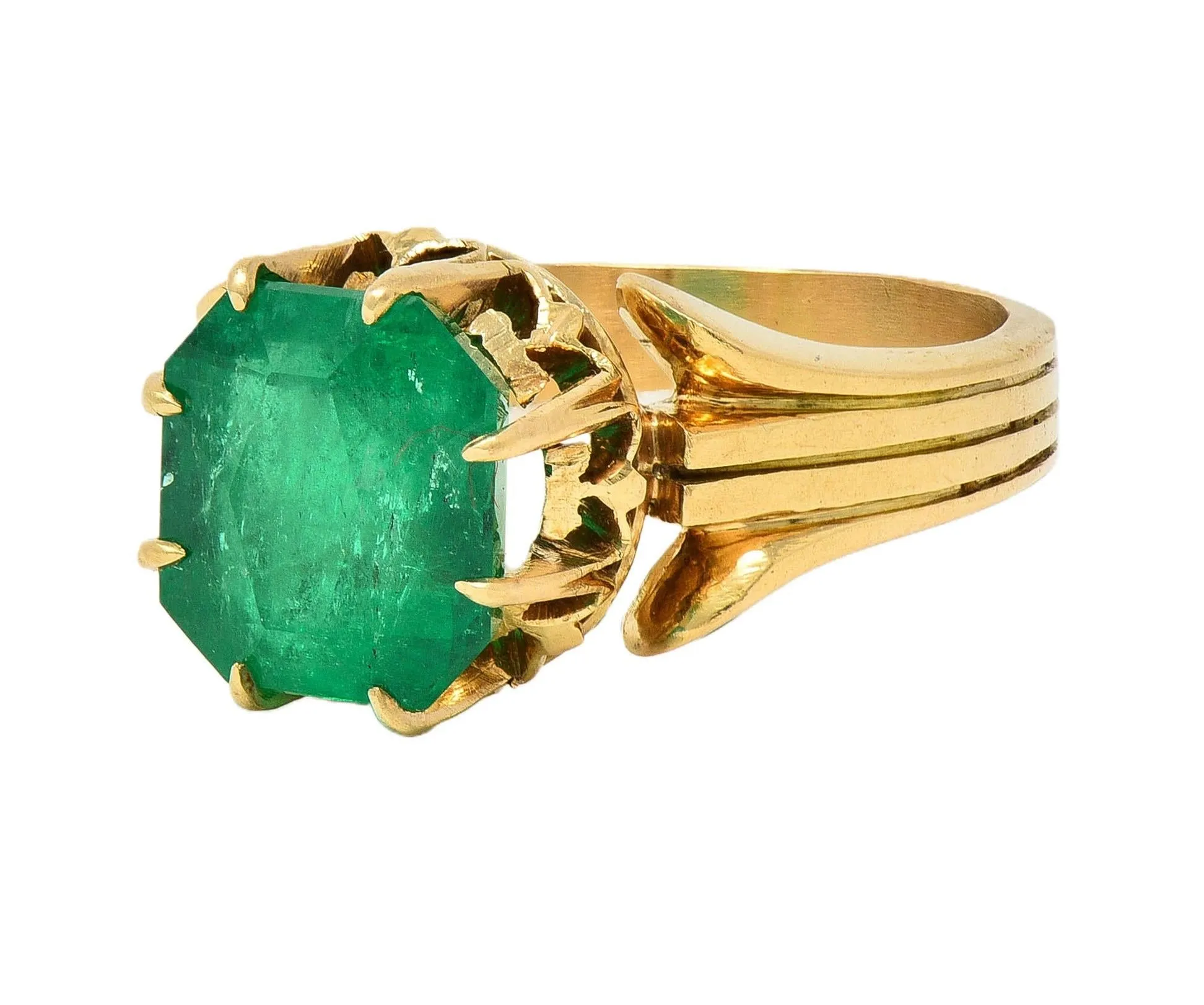 Antique Victorian 14KT Yellow Gold Crown Solitaire Ring GIA Certified - 3.60 CTW Colombian Emerald