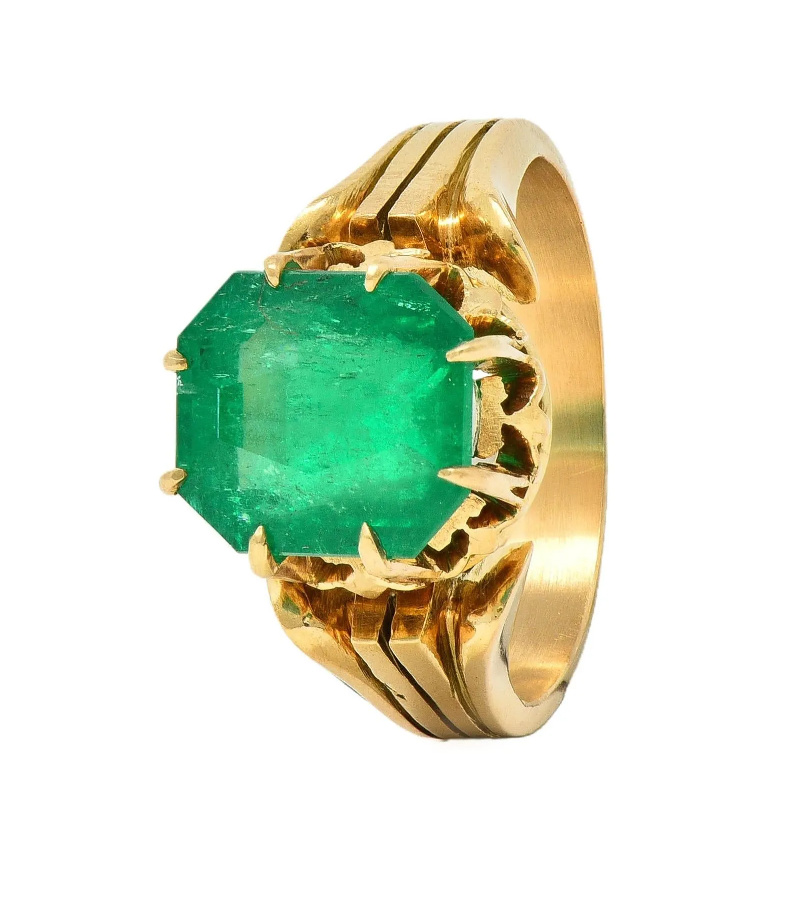 Antique Victorian 14KT Yellow Gold Crown Solitaire Ring GIA Certified - 3.60 CTW Colombian Emerald