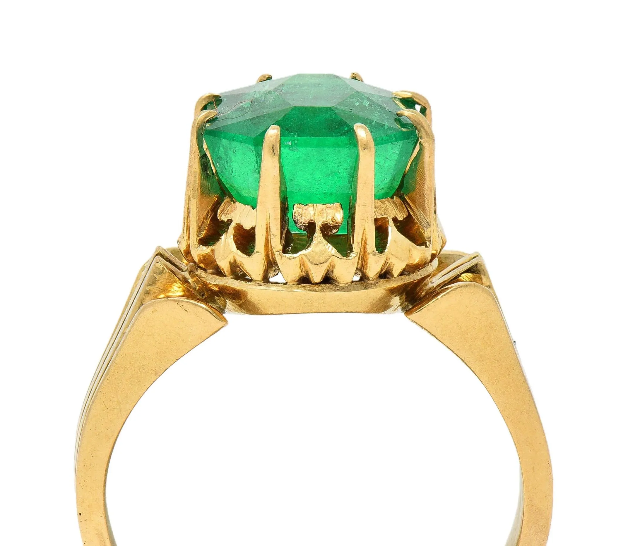 Antique Victorian 14KT Yellow Gold Crown Solitaire Ring GIA Certified - 3.60 CTW Colombian Emerald