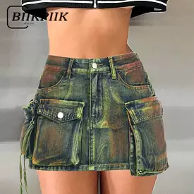 Ashore Women's Denim Skirts with Asymmetrical Pockets - Sexy High Waist Clubwear Outfits