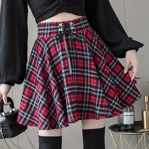 Autumn Plaid Lace-up Skirt