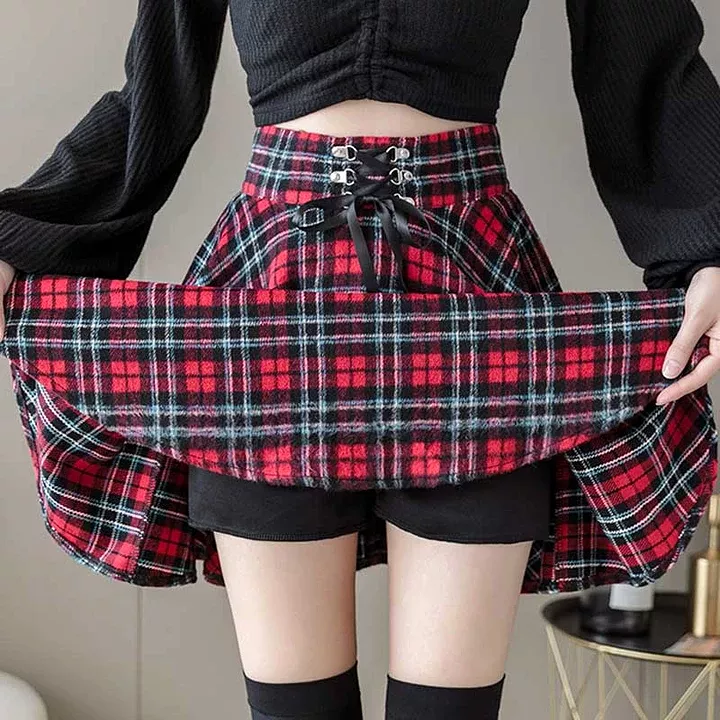 Autumn Plaid Lace-up Skirt