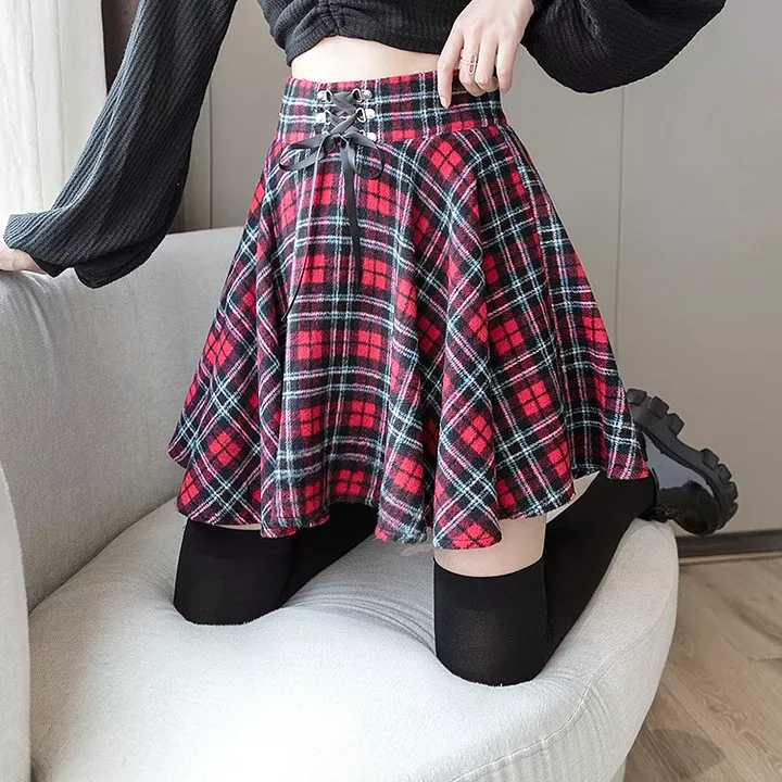 Autumn Plaid Lace-up Skirt