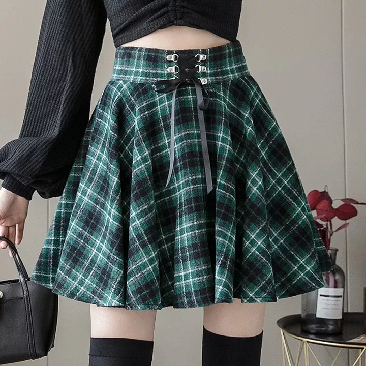 Autumn Plaid Lace-up Skirt