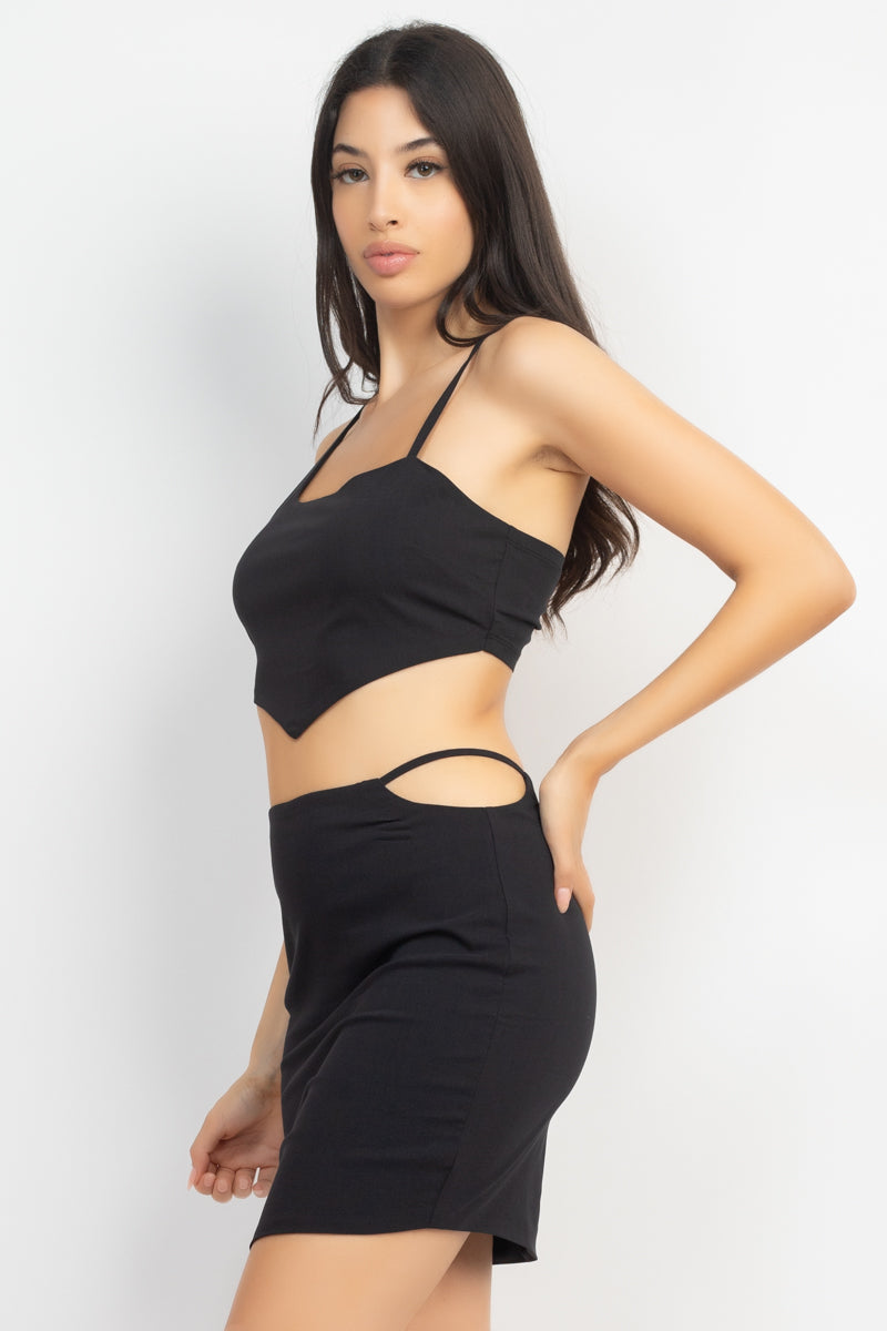 Black Asymmetrical Cross Back Top and Skirts Set