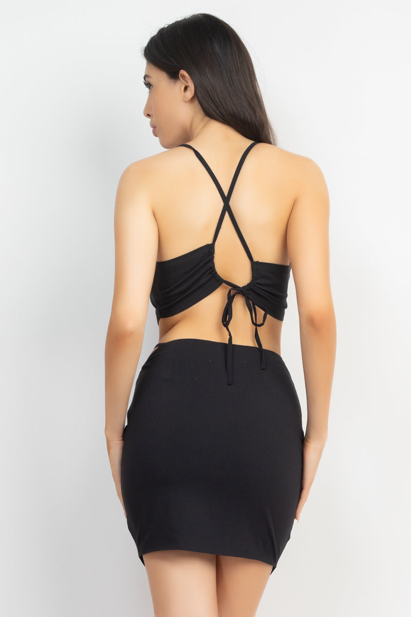 Black Asymmetrical Cross Back Top and Skirts Set