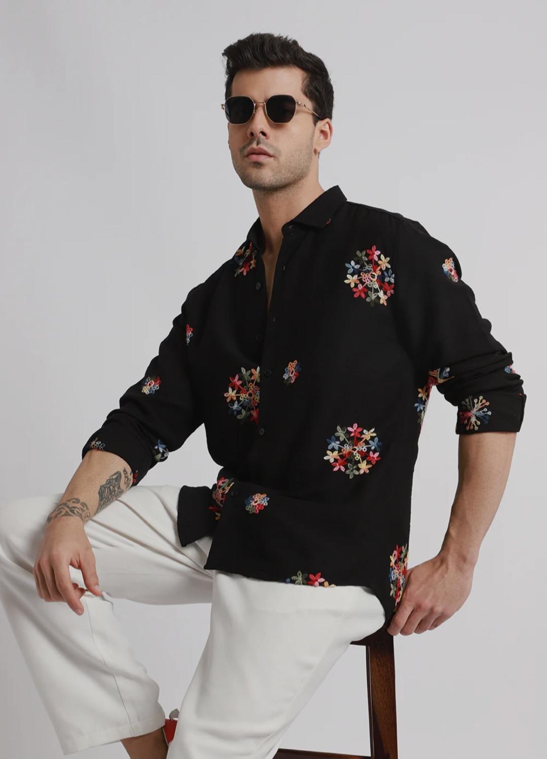 Black embroidered floral shirt