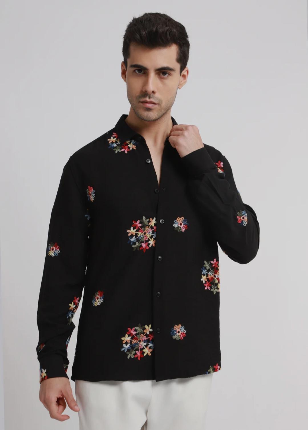 Black embroidered floral shirt