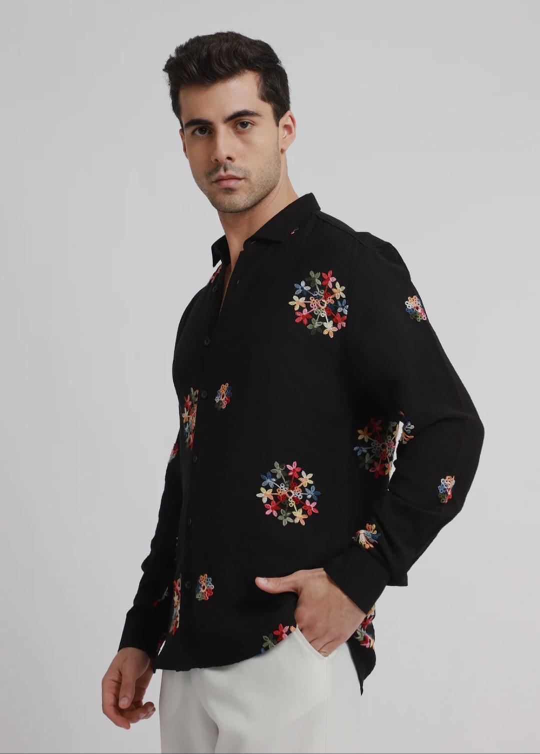 Black embroidered floral shirt