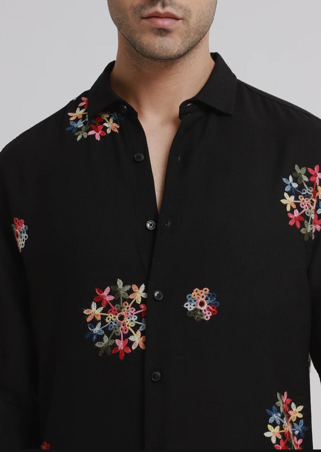 Black embroidered floral shirt