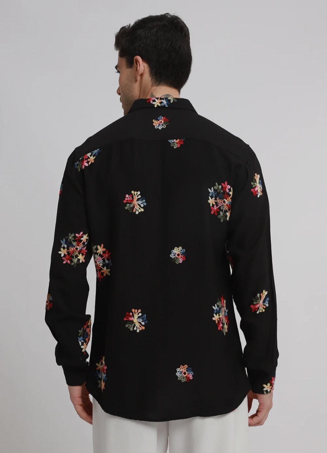 Black embroidered floral shirt