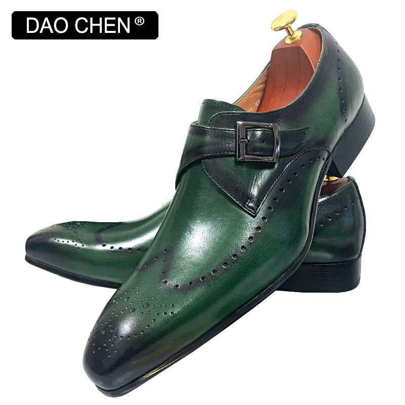 Black Green Wingtip Monk Strap Dress Shoes for Men. Genuine Leather.