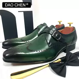 Black Green Wingtip Monk Strap Dress Shoes for Men. Genuine Leather.