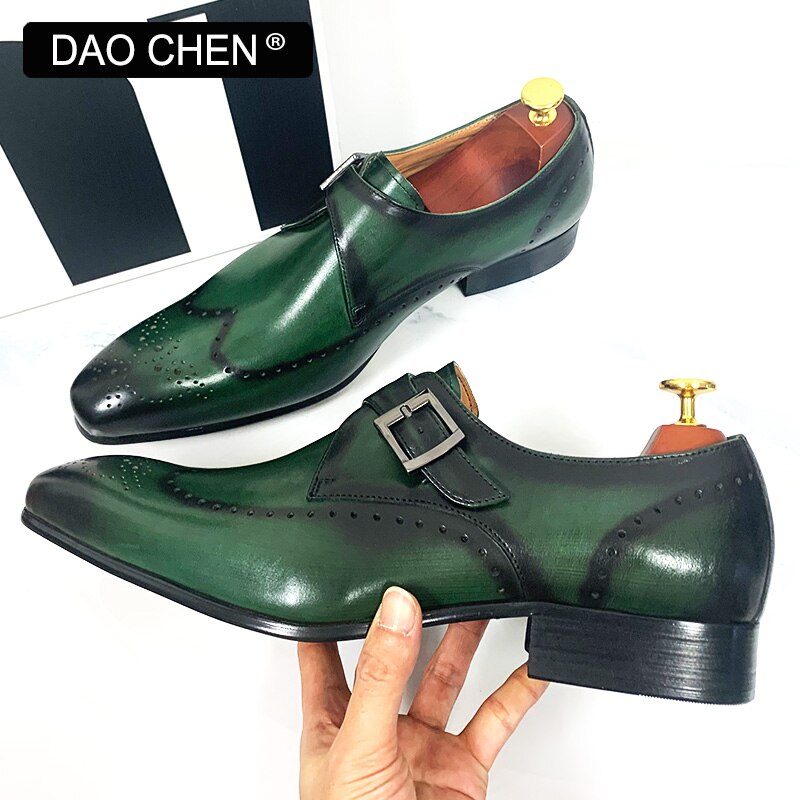 Black Green Wingtip Monk Strap Dress Shoes for Men. Genuine Leather.