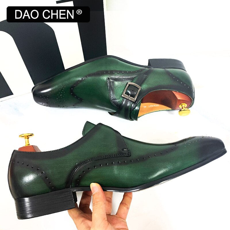 Black Green Wingtip Monk Strap Dress Shoes for Men. Genuine Leather.