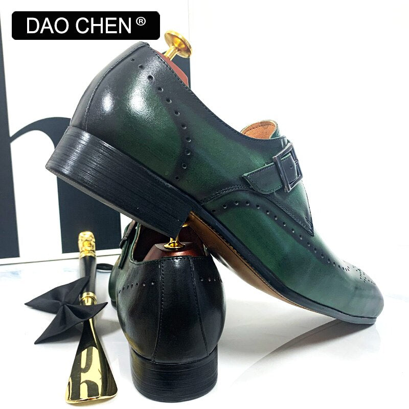 Black Green Wingtip Monk Strap Dress Shoes for Men. Genuine Leather.