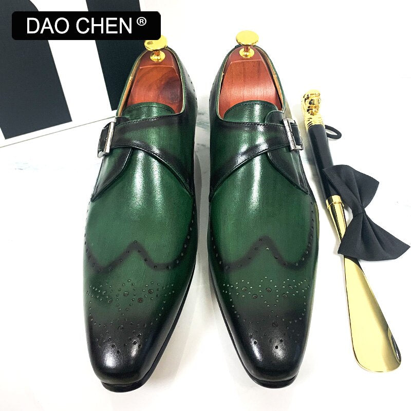 Black Green Wingtip Monk Strap Dress Shoes for Men. Genuine Leather.