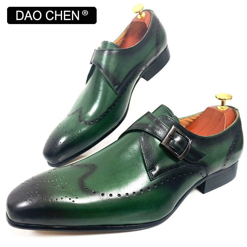 Black Green Wingtip Monk Strap Dress Shoes for Men. Genuine Leather.