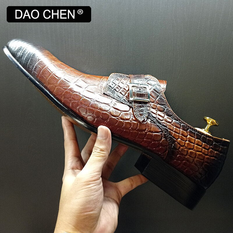 Black men's dress shoes with genuine leather and crocodile print.