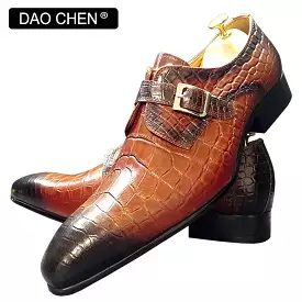 Black men's dress shoes with genuine leather and crocodile print.