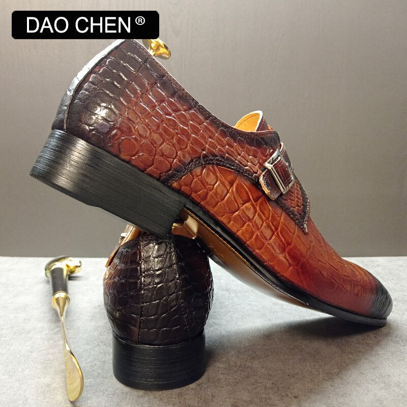 Black men's dress shoes with genuine leather and crocodile print.