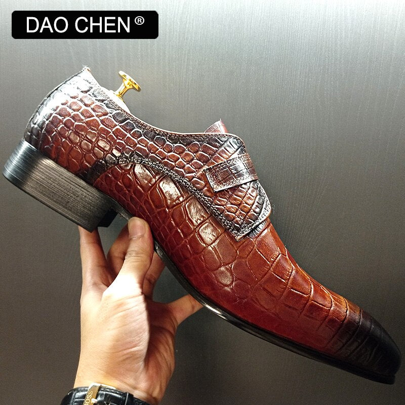 Black men's dress shoes with genuine leather and crocodile print.