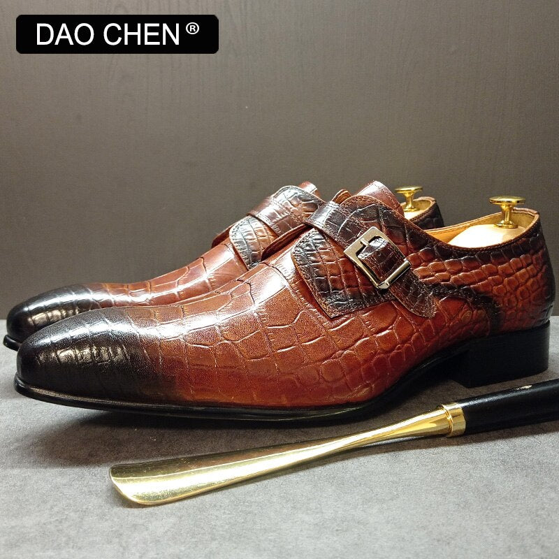 Black men's dress shoes with genuine leather and crocodile print.