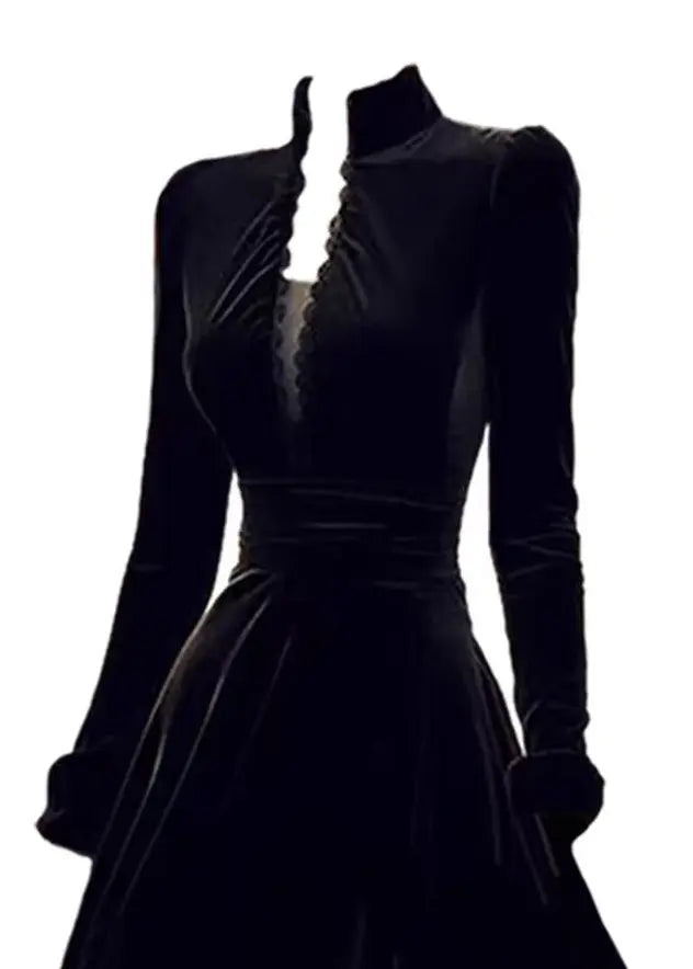 Black Stand Collar Patchwork Velvet Dress - Slim Fit | Spring HA1012