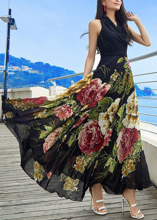 Black V Neck Print Chiffon Maxi Dress Sleeveless AS1042