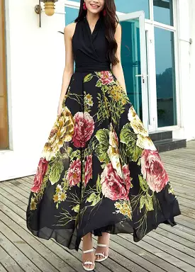 Black V Neck Print Chiffon Maxi Dress Sleeveless AS1042