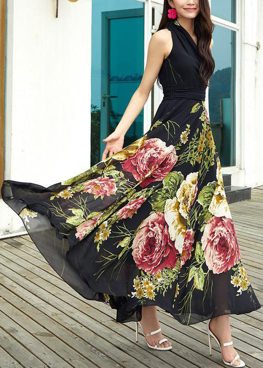 Black V Neck Print Chiffon Maxi Dress Sleeveless AS1042